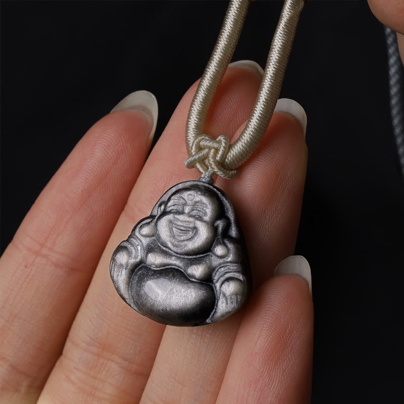 Buddha Stones Natural Silver Sheen Obsidian Laughing Buddha Protection Necklace Pendant