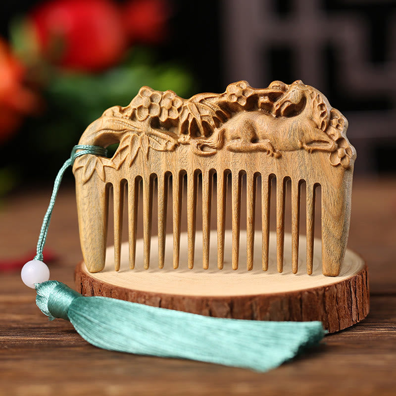 Green Sandalwood Fox Peony Flower Lotus Engraved Cure Tassel Comb