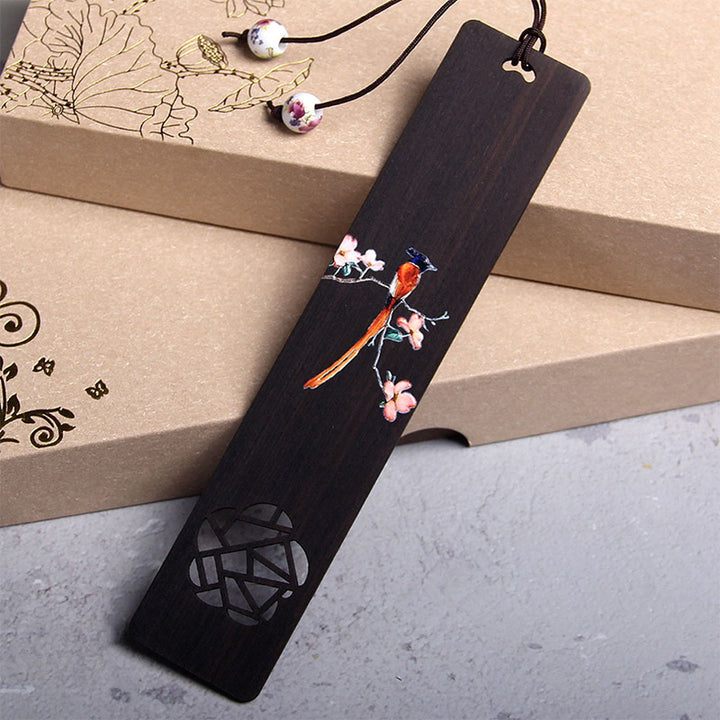 Buddha Stones Oriole Bird Flower Ebony Wood Bookmarks With Gift Box