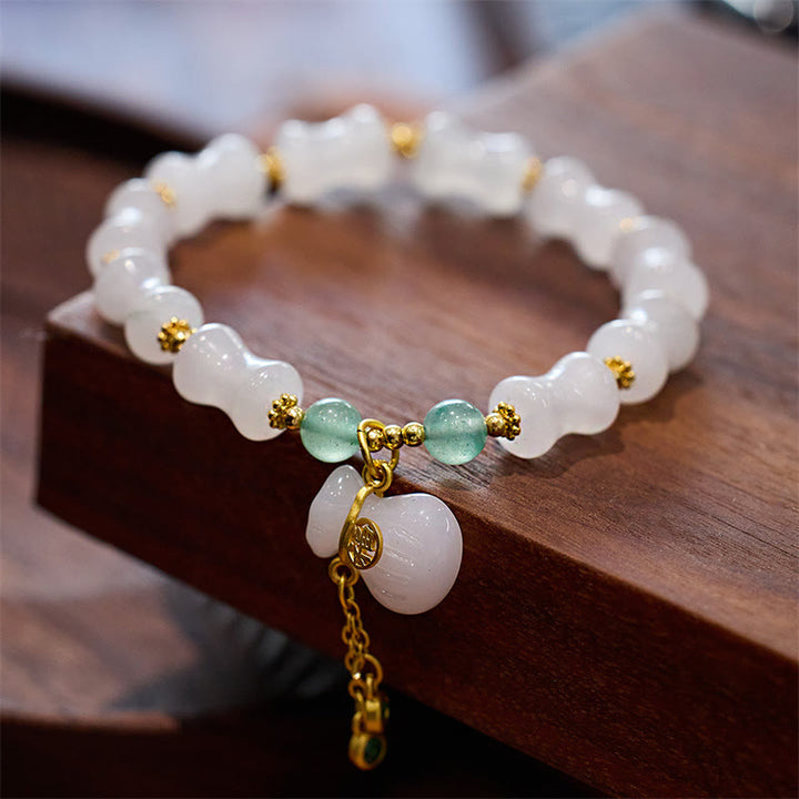 Buddha Stones Natural White Golden Silk Jade Bamboo Pattern Wealth Lucky Bag Fu Character Bracelet