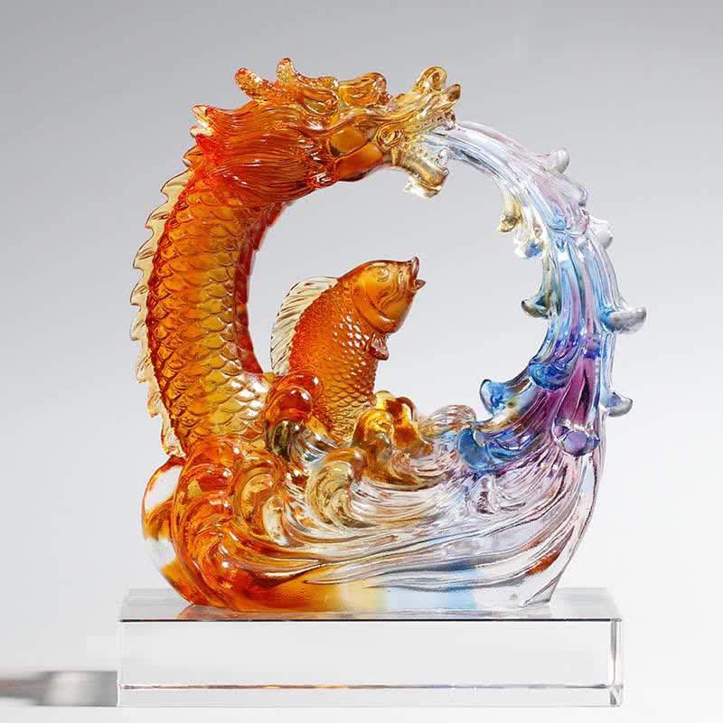 Buddha Stones Feng Shui Dragon Koi Fish Handmade Liuli Crystal Art Piece Home Office Decoration