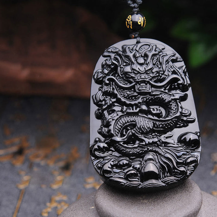 Buddha Stones Black Obsidian Stone Dragon Fulfilment Pendant Necklace