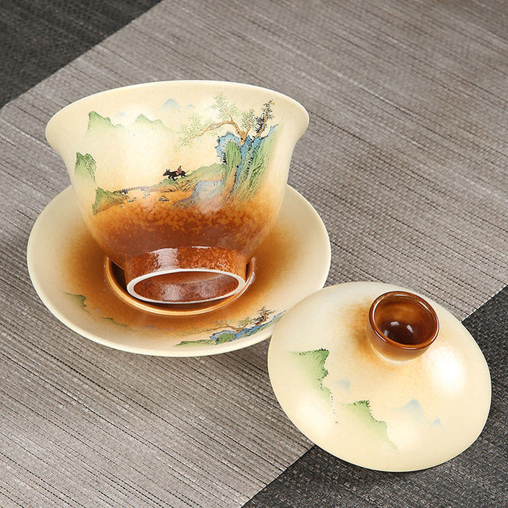 Buddha Stones Mountain Landscape Countryside Ceramic Gaiwan Sancai Teacup Kung Fu Tea Cup And Saucer With Lid