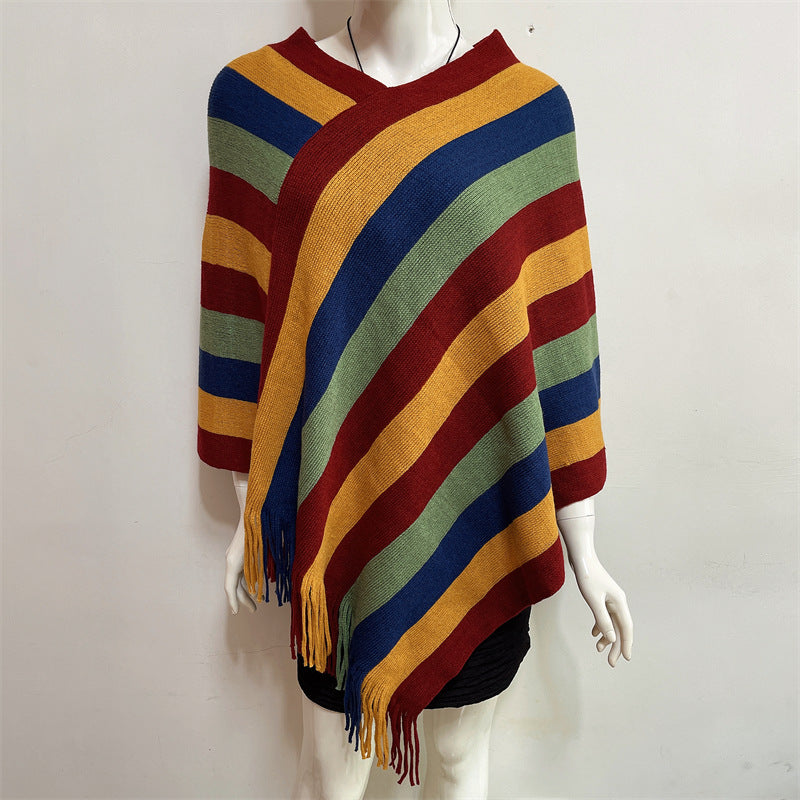 Buddha Stones Tibetan Colorful Striped Design Shawl Tassels Pullover Winter Cozy Travel Scarf Wrap