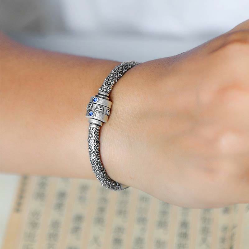 Buddha Stones 990 Sterling Silver Tibetan Auspicious Clouds Om Mani Padme Hum Engraved Creativity Bracelet Bangle