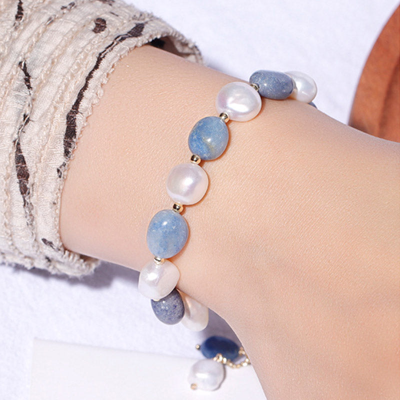 Buddha Stones Natural Blue Aventurine Crystal Pearl Bead Healing Bracelet