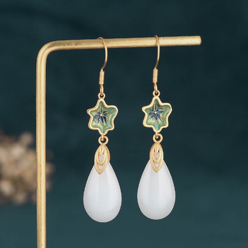 Buddha Stones FengShui White Jade Luck Drop Earrings