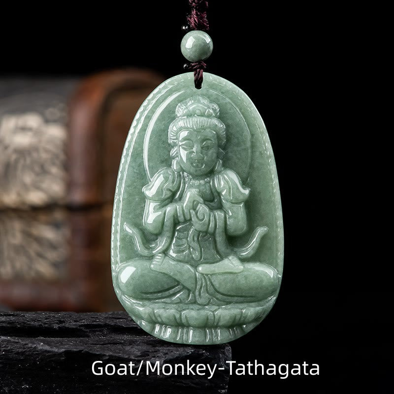 Buddha Stones Chinese Zodiac Natal Buddha Natural Jade Wealth Prosperity Necklace Pendant