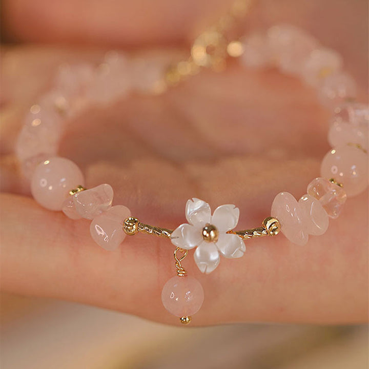 Buddha Stones 14k Gold Plated Natural Pink Crystal Flower Love Bracelet