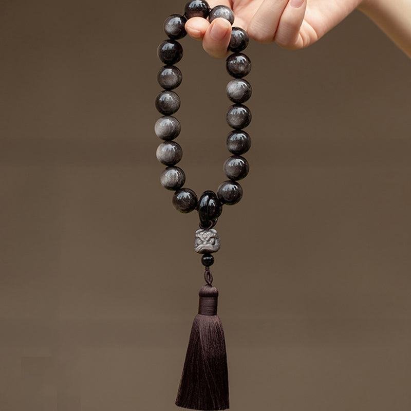 Natural Silver Sheen Obsidian Black Obsidian Lion Wrist Mala Protection Tassels Pocket Mala Car Decoration