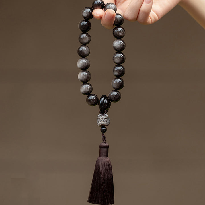 Natural Silver Sheen Obsidian Black Obsidian Lion Wrist Mala Protection Tassels Pocket Mala Car Decoration