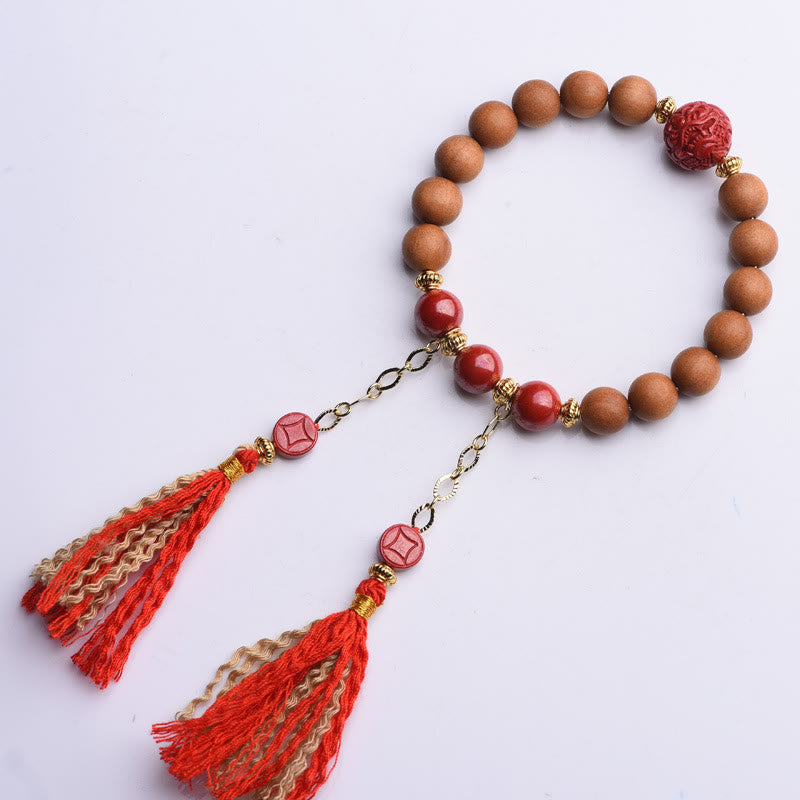 Buddha Stones Tibetan Natural Peach Wood Cinnabar PiXiu Wealth Tassels Bracelet