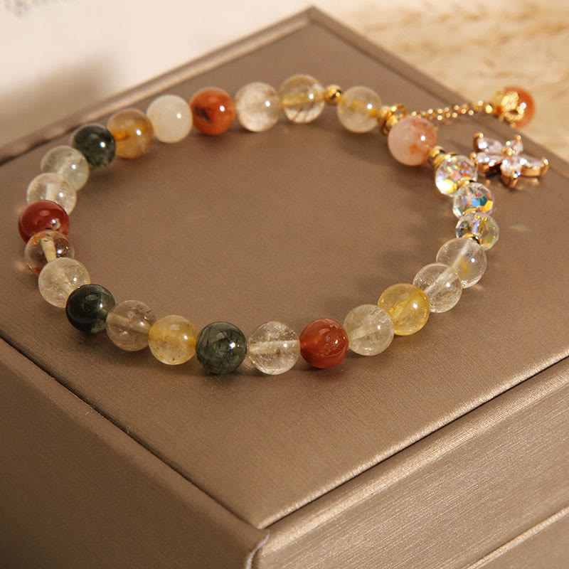 Buddha Stones Multicolored Rutilated Quartz Auspiciousness Zircon Flower Bracelet