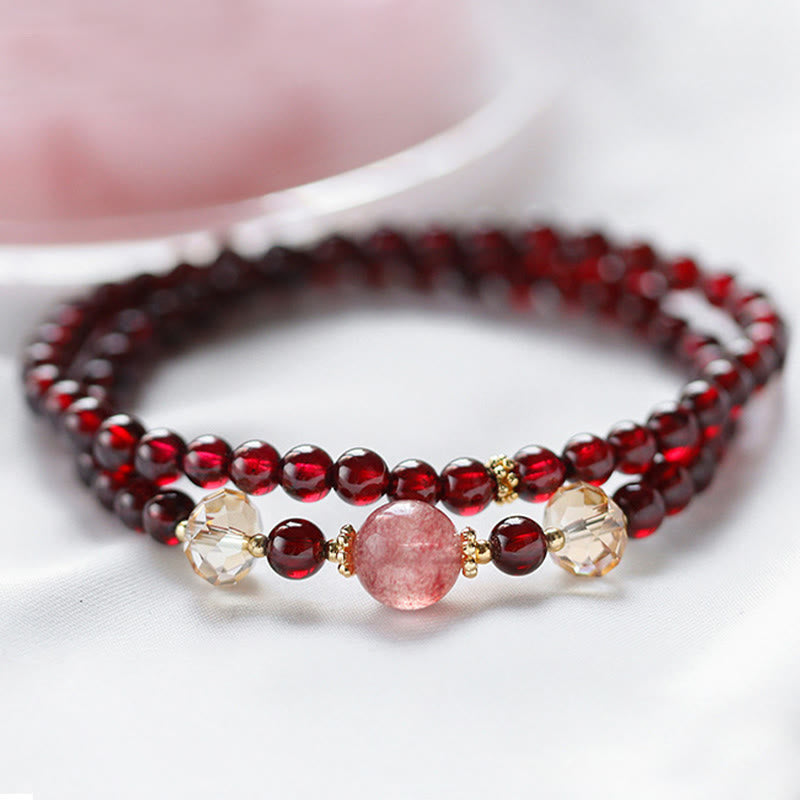 Buddha Stones 14K Gold Plated Natural Garnet Strawberry Quartz Stability Double Wrap Bracelet