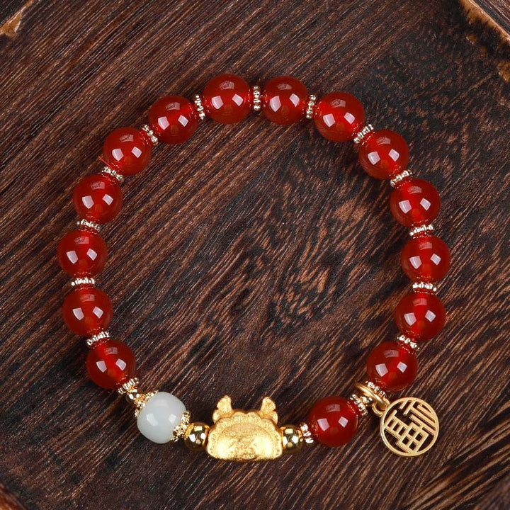 Buddha Stones Year Of The Dragon Red Agate Gray Agate Dumpling Luck Fu Character Bracelet