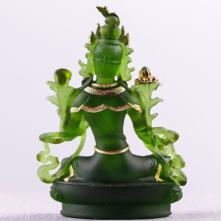 Bodhisattva Green Tara Handmade Liuli Crystal Art Piece Protection Home Office Statue Decoration