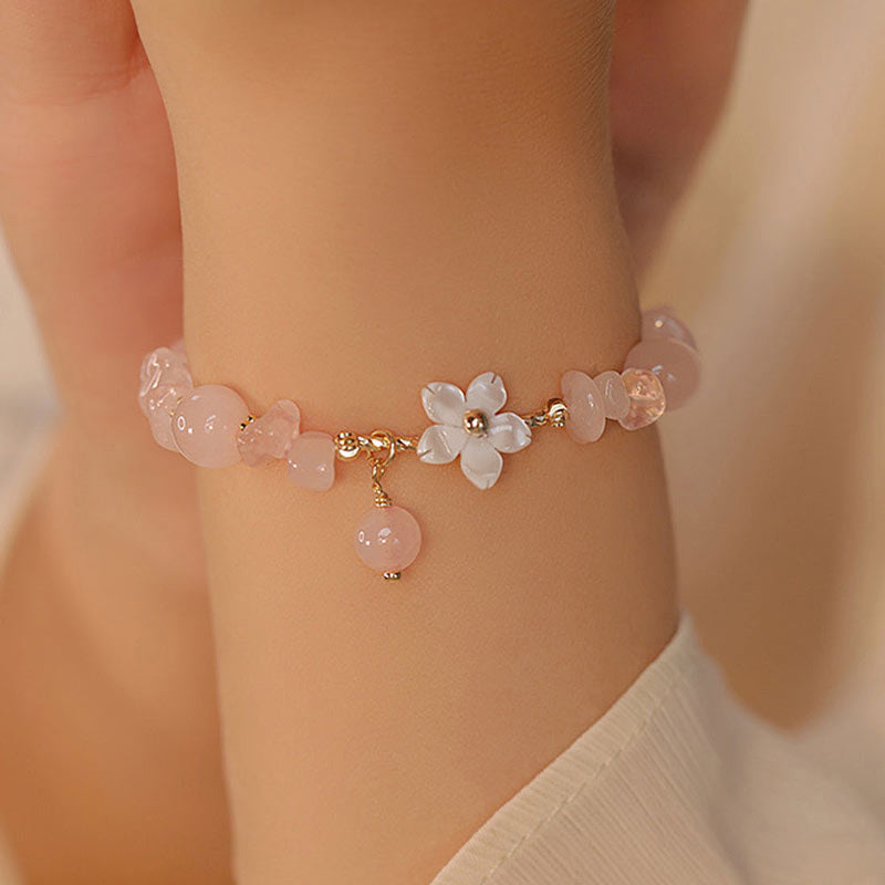 Buddha Stones 14k Gold Plated Natural Pink Crystal Flower Love Bracelet