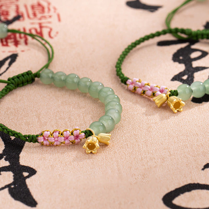 Buddha Stones Handmade Jade Bead Lily of the Valley Charm Luck Braided Bracelet