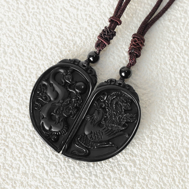 Buddha Stones Black Obsidian Love Dragon Phoenix Protection Necklace Pendant