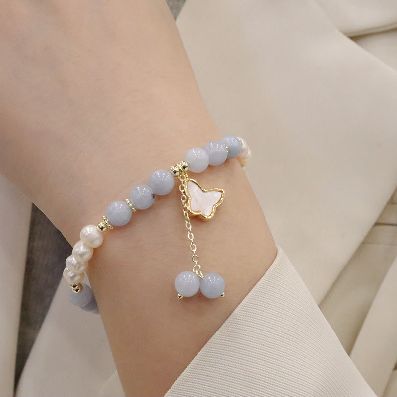 Buddha Stones Natural Aquamarine Pearl Healing Ginkgo Leaf Butterfly Charm Bracelet