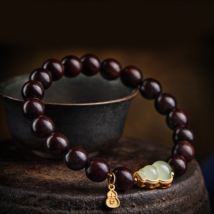 Buddha Stones Small Leaf Red Sandalwood Gourd Jade Calm Relaxation Bracelet