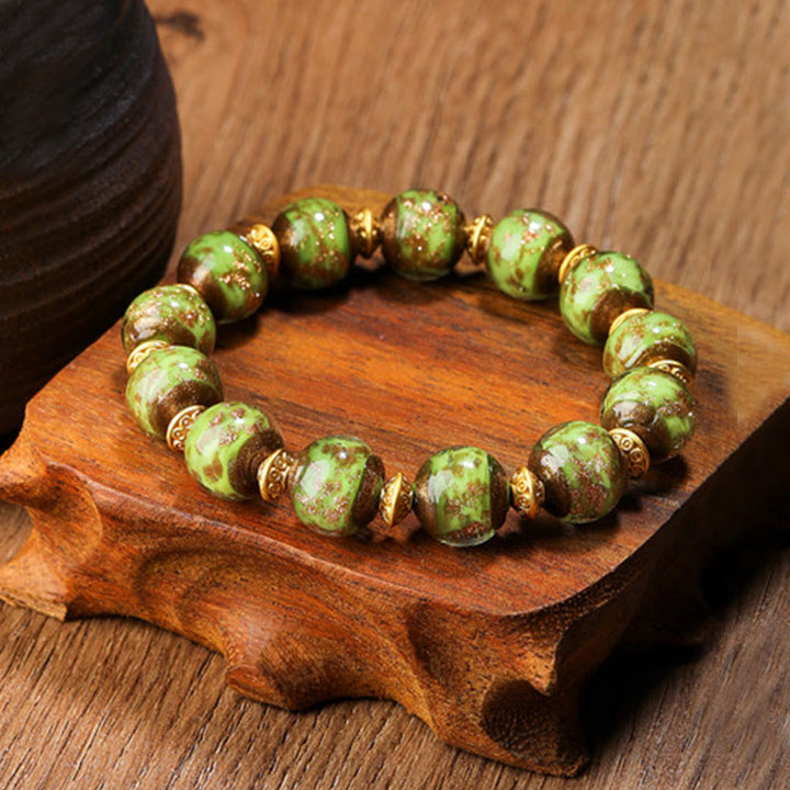 Buddha Stones Gold Swallowing Beast Family Charm Liuli Glass Bead Fortune Bracelet