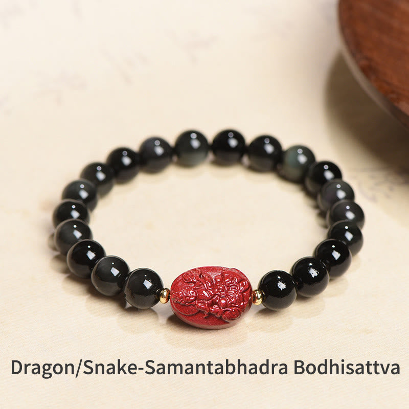 Buddha Stones Chinese Zodiac Natal Buddha Natural Black Obsidian Cinnabar Purification Bracelet