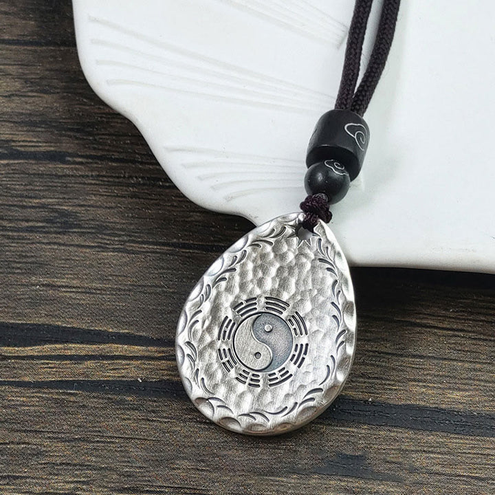 Buddha Stones Vintage 999 Sterling Silver Yin Yang Bagua Water Drop Design Balance Harmony Necklace Pendant