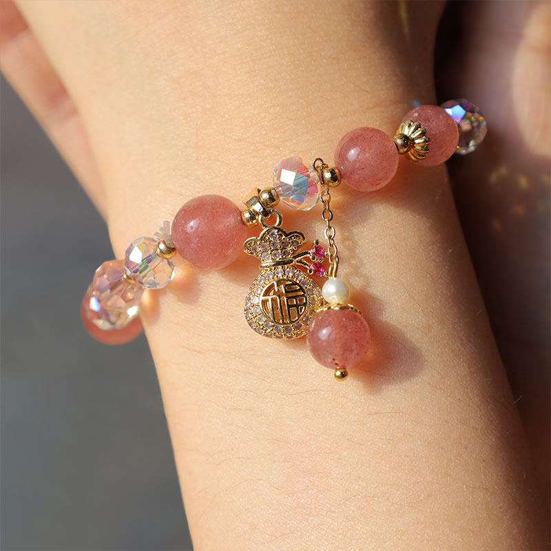 Buddha Stones Natural Strawberry Quartz Crystal Money Bag Charm Positive Bracelet