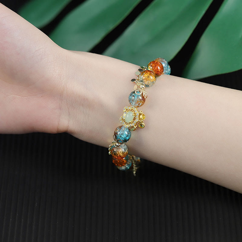 Buddha Stones Colorful Liuli Glass Bead Chinese Lock Charm Fortune Bracelet