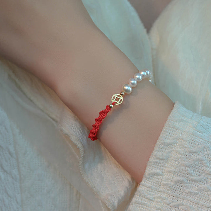 14K Gold Plated Pearl Bead Luck Protection Braid Red String Bracelet