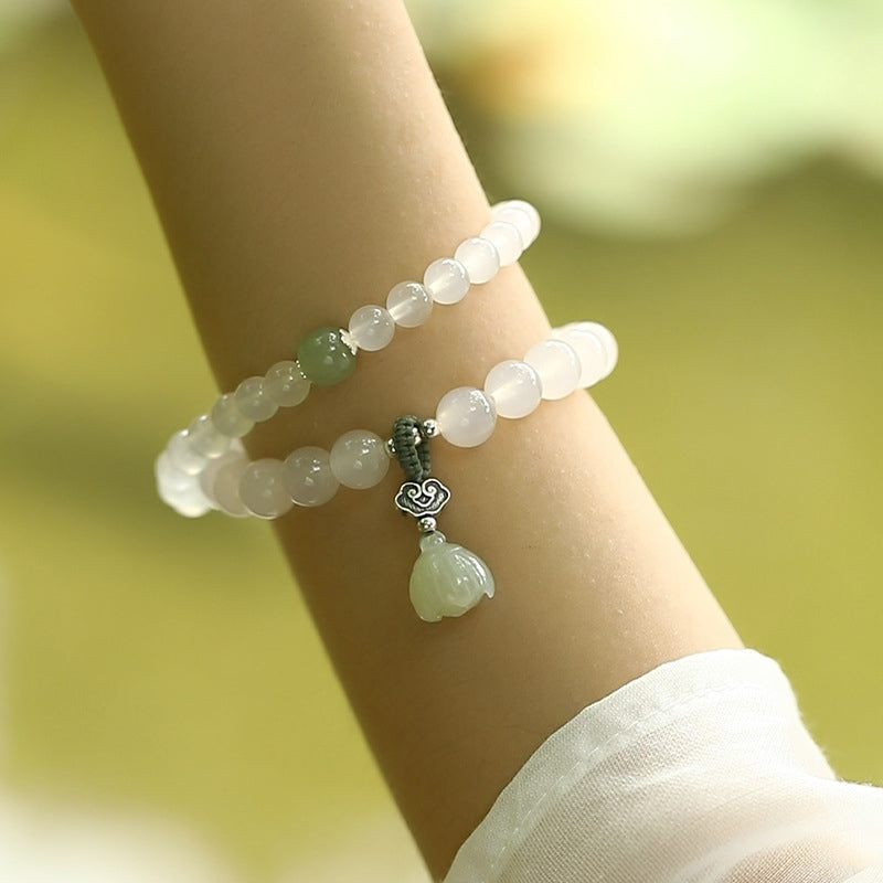 White Agate Jade Lotus Protection Bracelet