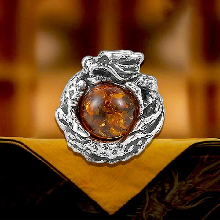 925 Sterling Silver Natural Amber Dragon Success Protection Stud Earring