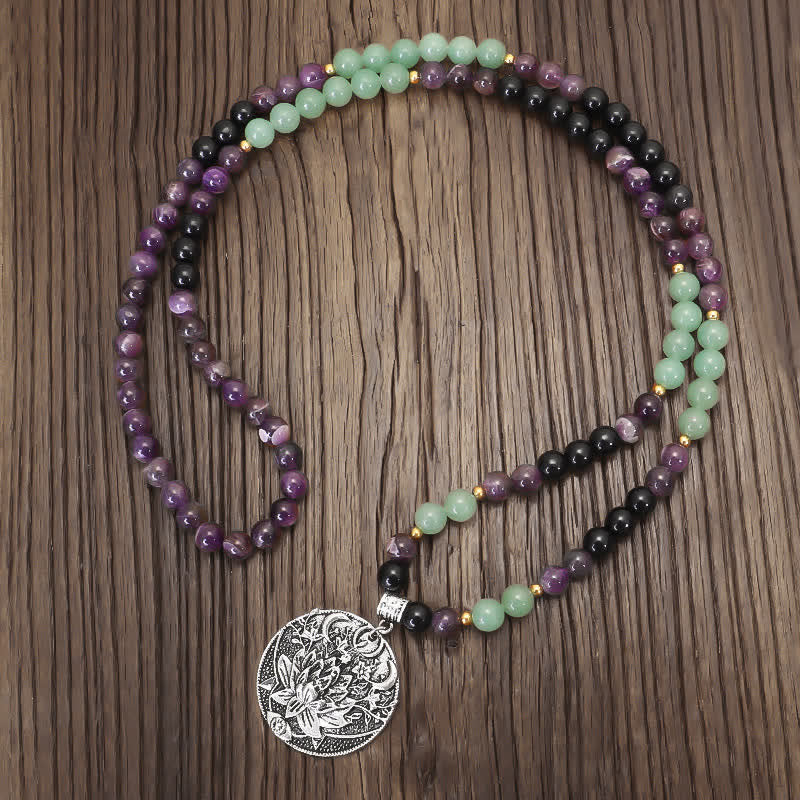 Buddha Stones 108 Mala Beads Amethyst Green Aventurine Lotus Meditation Bracelet