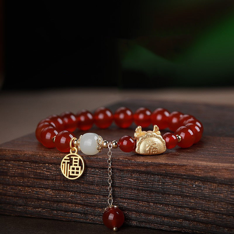 Buddha Stones Year Of The Dragon Red Agate Gray Agate Dumpling Luck Fu Character Bracelet