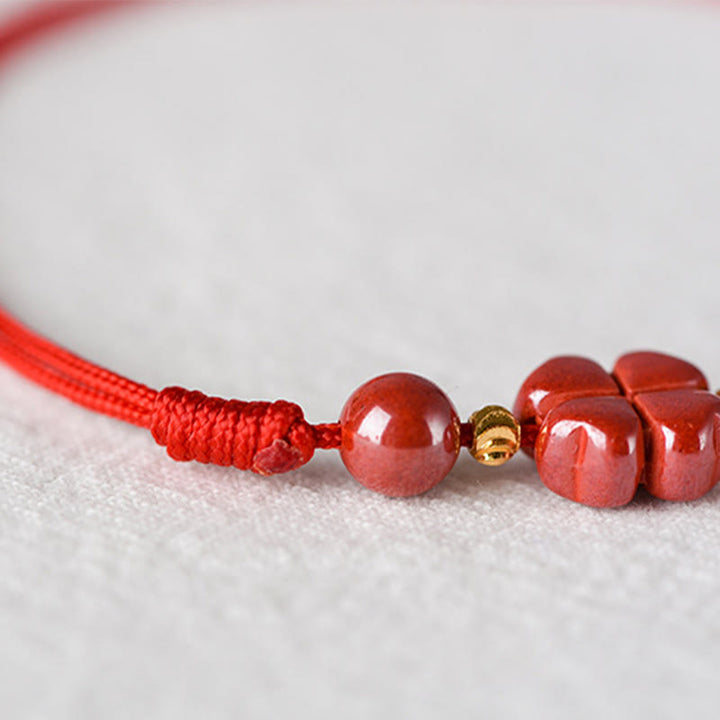 Buddha Stones Four Leaf Clover Cinnabar Blessing Calm String Bracelet Anklet