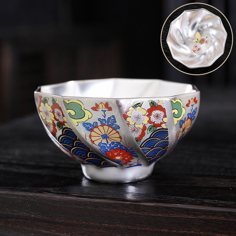 Buddha Stones 999 Sterling Silver Gilding Chrysanthemum Flowers Ceramic Teacup Kung Fu Tea Cup